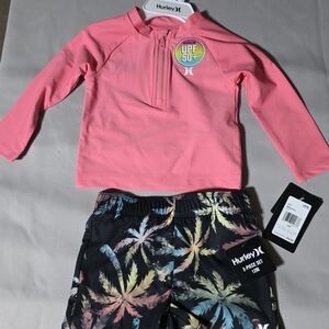 Hurley Kids Pink Rashguard Set with Black Leaf Shorts